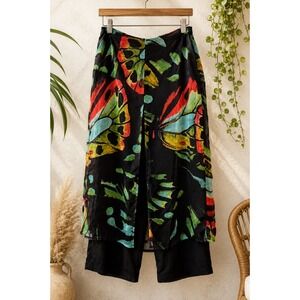 Elena Wang Sheer Overlay Crop Pants XS Butterfly Tropical Print Resort Wear